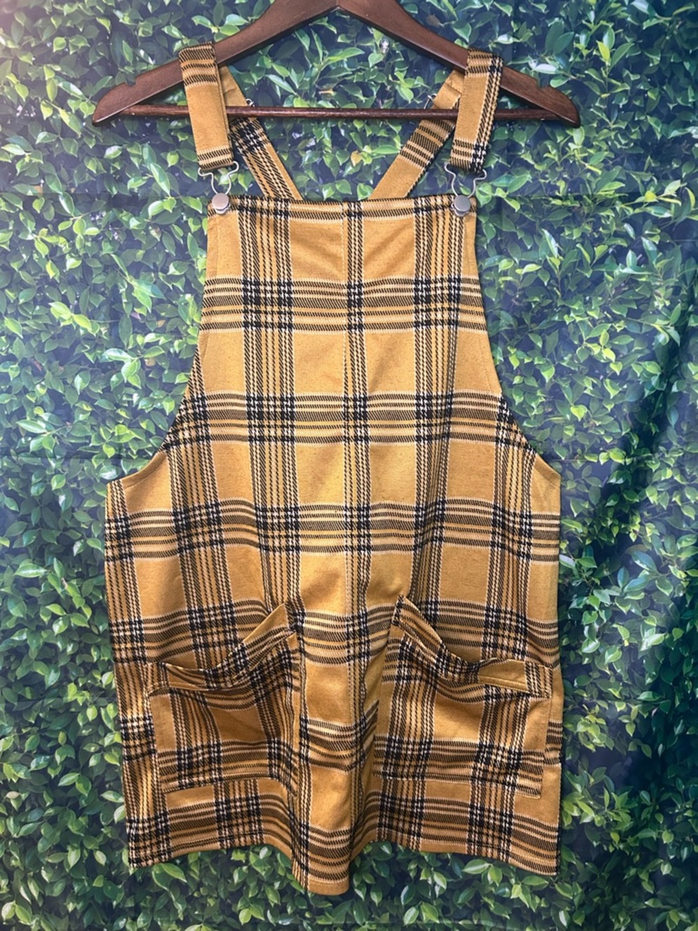 SO Mustard Yellow Plaid Pinafore Overall Dress